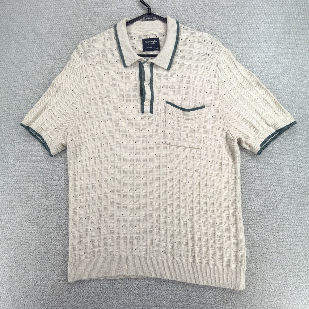 Abercrombie Fitch Sweater Polo Mens L Cream Open Knit Crochet Pointelle Pocket